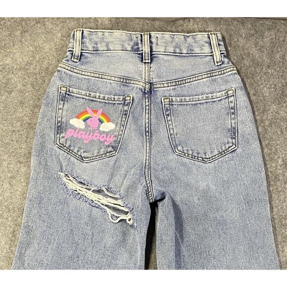 PacSun Jeans Womens Size 24 Light Blue Distressed Baggy Playboy Back Slash - Picture 1 of 13